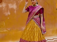 Mustard Yellow Tussar Silk Ikkat Printed Lehenga Choli