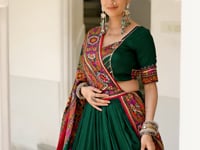Green Tasar Silk Navratri Lehenga Choli With Gamthi Print & Lace Touch Up