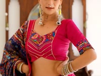 Dark Pink Tasar Silk Navratri Lehenga Choli With Gamthi Print & Lace Touch Up