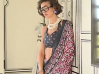 Black-Dark Pink Ajrakh Printed Satin Crepe Silk Saree