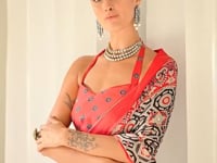 Red-Black Ajrakh Printed Satin Crepe Silk Saree