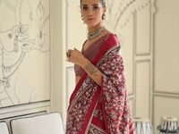 Dark Red Ajrakh Printed Satin Crepe Silk Saree