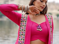 Dark Pink Rayon Gamthi Work Navratri Lehenga with Koti