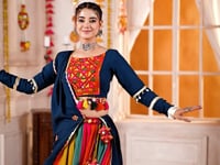 Teal Blue With Multi Color Thread Mirror Work Lehenga Choli For Navratri