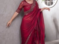 Cherry Red Shaded Chiffon Embroidery Work Saree