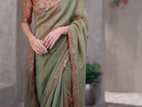 Shiney Beige Shimmer Crepe Embroidery Work Saree