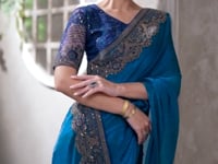 Peacock Blue Satin Georgette Embroidery Work Saree