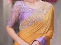 Honey Yellow-Lilac Shaded Chiffon Embroidery Work Saree
