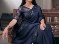 Blue-Grey Shaded Chiffon Embroidery Work Saree
