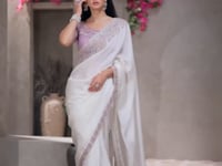 Pearl White Shiney Georgette Embroidery Work Saree