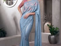 Aqua Blue Shimmer Crepe Embroidery Work Saree