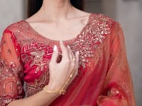 Rust Orange Sparkle Tissue Embroidery Work Saree