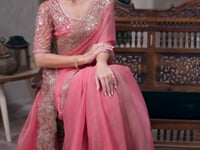 Peach Pink Shiney Georgette embroidery Work Saree