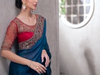Dark Teal Blue Shaded Chiffon Embroidery Work Saree