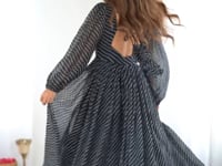 Black Laheriya Print Chain Stitch And Kodi Wok Navratri Gown With Baloon Sleeve