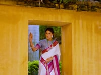 Beige Poly Cotton Saree With Print & Zari Weaving Work