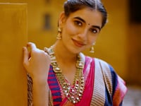 Dark Pink Poly Cotton Saree With Print & Zari Weaving Work