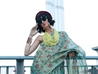 Dusty Green Tissue Saree with Print & Zari Weaving Work