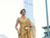 Bee Yellow Tissue Saree with Print & Zari Weaving Work