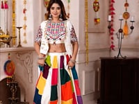 White Multi Color Patch Work Lehenga With Thread Mirror Kodi Work Jacket