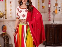 White With Multi Color Navratri Lehenga With Thread And Mirror Work Choli