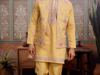 Yellow Multi Thread Sequins Embroidery Work Wedding Wear Kurta And Jacket