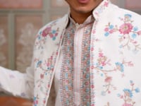 White Multi Thread Sequins Embroidery Work Wedding Wear Kurta And Jacket