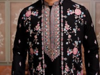 Black Multi Thread Sequins Embroidery Work Wedding Wear Kurta And Jacket