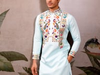 Sky Blue Multi Thread Sequins Embroidery Work Festive Wear Kurta Set