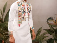 White Multi Thread And Sequins Embroidery Work Festive Wear Kurta Set