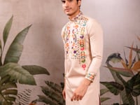 Beige Multi Thread And Sequins Embroidery Work Festive Wear Kurta Set