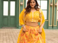 Yellow Taby Silk Floral Print & Embroidery Work Lehenga Choli