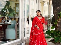 Red Chanderi Bandhej Print Navratri Lehenga Choli With Lace Touch Up