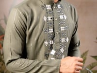 Olive Green Mirror And Zari Weaving Work Kurta With Printed Dupatta