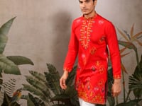 Festive Red Kurta Set with Multi-Thread Embroidery Work