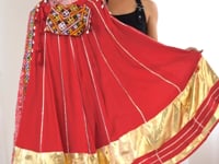 Red Rayon Navratri Lehenga With Gamthi And Mirror Work