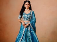 Teal Blue Organza Embroidery Work Lehenga Choli