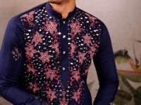 Elegant Navy Kurta Set With Mirror & Sequins Embroidery