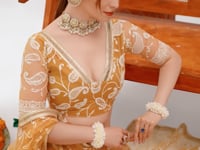 Golden Yellow Net Lehenga Choli With Embroidery Work