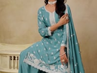 Sky Blue Chinon Embroidery Work Palazzo Suit