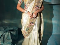 Shiney Beige Heavy Embroidery & Hand Work Silk Saree