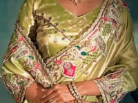 Parrot Green Heavy Embroidery & Hand Work Silk Saree