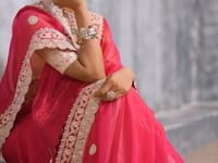 Hot Pink Satin Silk  Hand Work & Embroidery Saree