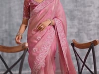 Rosy Pink Zari Tissue  Hand Work & Embroidery Saree