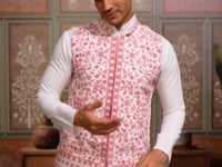 Peach Silk Kurta Set With Embroidery & Mirror Work Koti