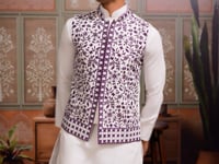 Purple Silk Kurta Set With Embroidery & Mirror Work Koti