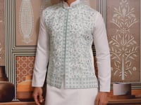 Green Silk Kurta Set With Embroidery & Mirror Work Koti