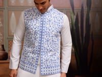 Blue Silk Kurta Set With Embroidery & Mirror Work Koti