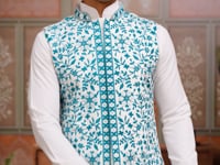 Teal Blue Silk Kurta Set With Embroidery & Mirror Koti
