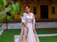 Beige Thread & Sequins Embroidery Silk Lehenga Choli